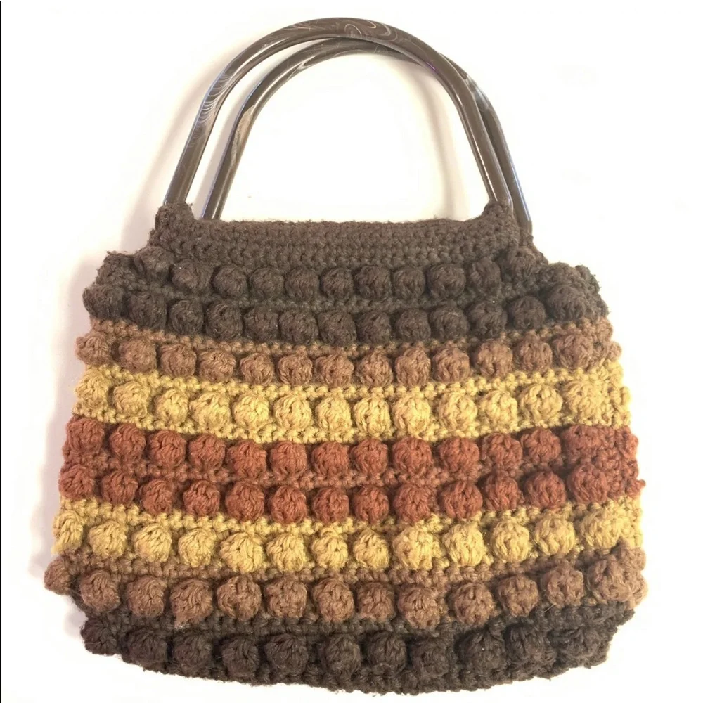Vintage Retro boho grannycore crochet bobble stitch hand bag purse lined brown